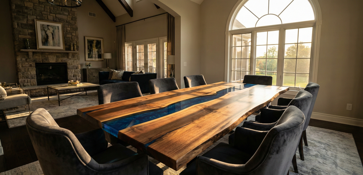 Walnut river table with blue epoxy resin in a luxury living room