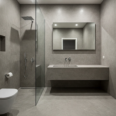 Minimalist bathroom with microcement walls and floor